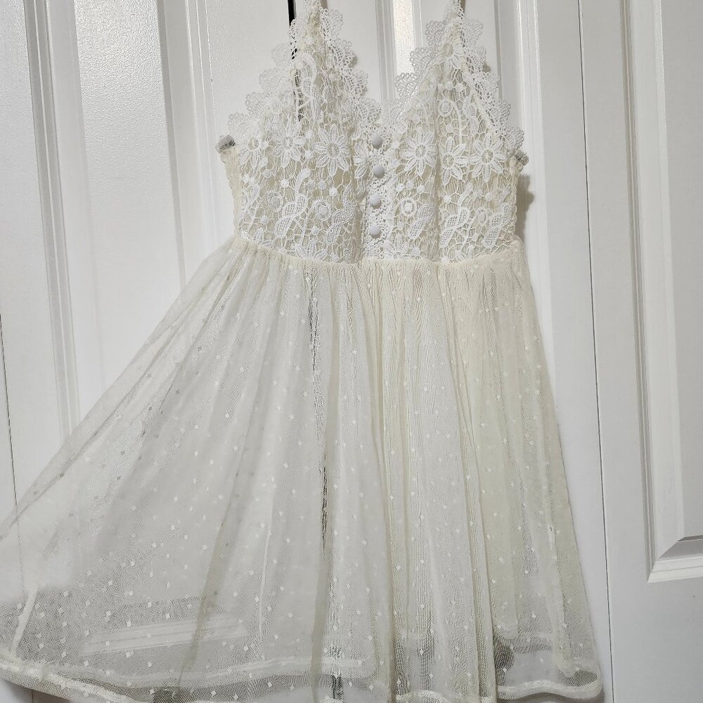 White Floral Lace Crochet and Mesh Baby Doll Camisole Dress or Top, Never Worn